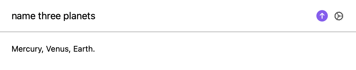 apfel-quick answering 'name three planets' with 'Mercury, Venus, Earth.'