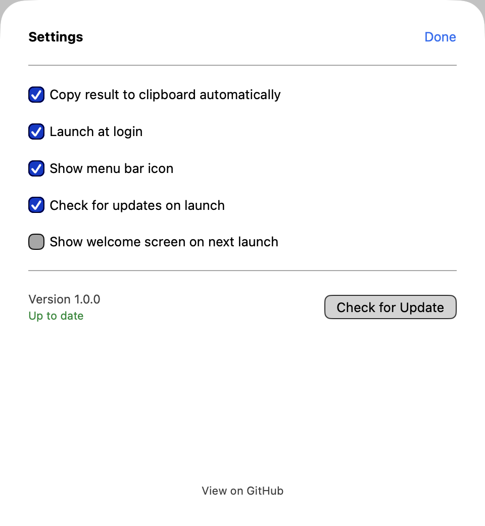 apfel-quick Settings with five toggles, version display, and Check for Update button