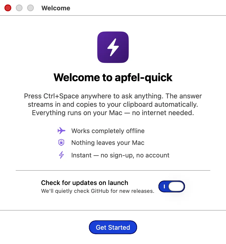 apfel-quick welcome screen